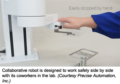 Collaborative robot is designed to work safely side by side with its coworkers in the lab. (Courtesy Precise Automation, Inc.)