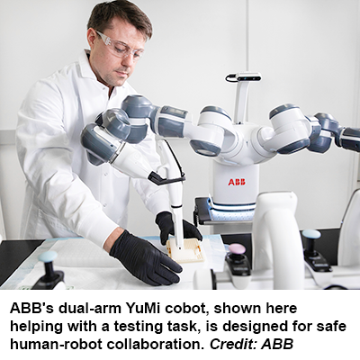 ABB's dual-arm YuMi cobot, shown here helping with a testing task, is designed for safe human-robot collaboration. Credit: ABB 