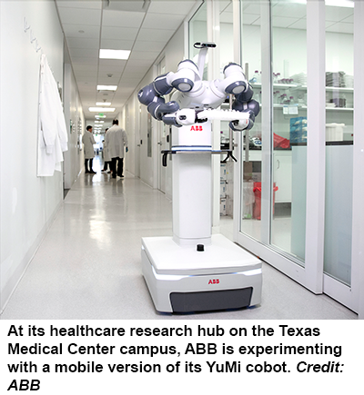 At its healthcare research hub on the Texas Medical Center campus, ABB is experimenting with a mobile version of its YuMi cobot. Credit: ABB 