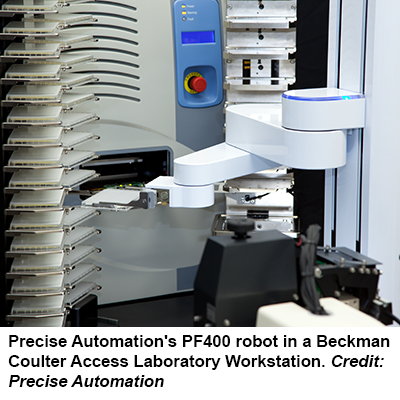 Precise Automation's PF400 robot in a Beckman Coulter Access Laboratory Workstation. Credit: Precise Automation 