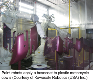  Paint robots apply a basecoat to plastic motorcycle cowls (Courtesy of Kawasaki Robotics (USA) Inc.)