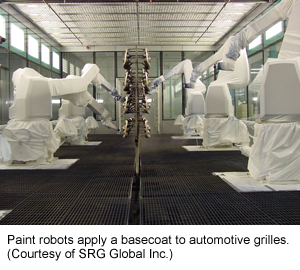 Paint robots apply a basecoat to automotive grilles (Courtesy of SRG Global Inc.)