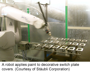 A robot applies paint to decorative switch plate covers (Courtesy of Stäubli Corporation)