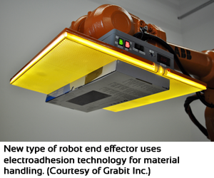 New type of robot end effector uses electroadhesion technology for material handling (Courtesy of Grabit Inc.)