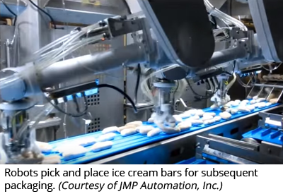  Robots pick and place ice cream bars for subsequent packaging. (Courtesy of JMP Automation, Inc.)