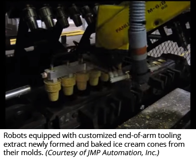 Robots equipped with customized end-of-arm tooling extract newly formed and baked ice cream cones from their molds. (Courtesy of JMP Automation, Inc.)