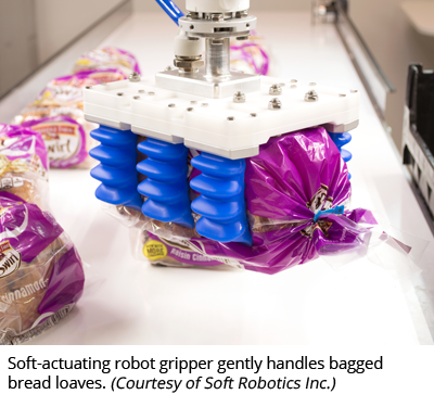 Soft-actuating robot gripper gently handles bagged bread loaves. (Courtesy of Soft Robotics Inc.)