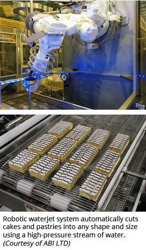 Robotic waterjet system automatically cuts cakes and pastries into any shape and size using a high-pressure stream of water. (Courtesy of ABI LTD)