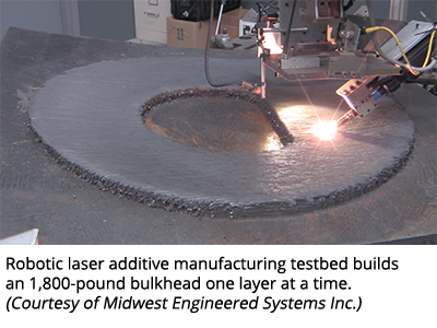 Robotic laser additive manufacturing testbed builds an 1,800-pound bulkhead one layer at a time. (Courtesy of Midwest Engineered Systems Inc.)