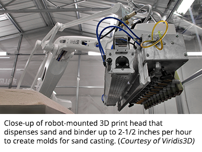 Close-up of robot-mounted 3D print head that dispenses sand and binder up to 2-1/2 inches per hour to create molds for sand casting. (Courtesy of Viridis3D)