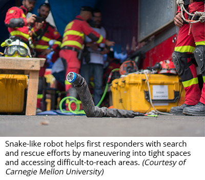 Snake-like robot helps first responders with search and rescue efforts by maneuvering into tight spaces and accessing difficult-to-reach areas. (Courtesy of Carnegie Mellon University)