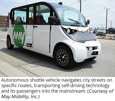 Autonomous shuttle vehicle navigates city streets on specific routes, transporting self-driving technology and its passengers into the mainstream. (Courtesy of May Mobility, Inc.)
