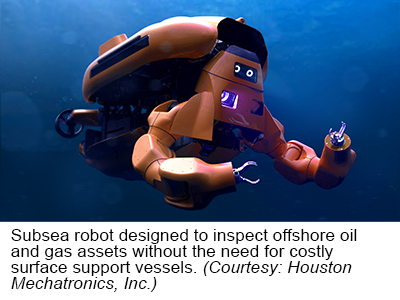 Subsea robot designed to inspect offshore oil and gas assets without the need for costly surface support vessels. (Courtesy: Houston Mechatronics, Inc.)