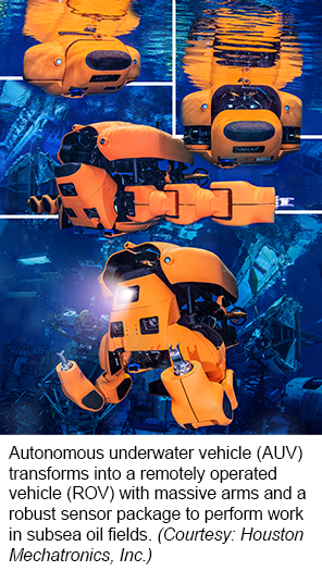 Autonomous underwater vehicle (AUV) transforms into a remotely operated vehicle (ROV) with massive arms and a robust sensor package to perform work in subsea oil fields. (Courtesy: Houston Mechatronics, Inc.)