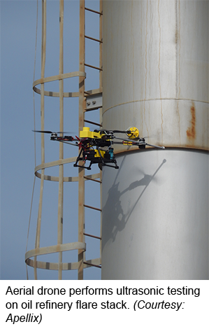 Aerial drone performs ultrasonic testing on oil refinery flare stack. (Courtesy: Apellix)
