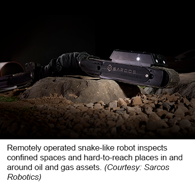 Remotely operated snake-like robot inspects confined spaces and hard-to-reach places in and around oil and gas assets. (Courtesy: Sarcos Robotics)