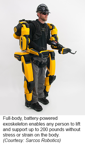  Full-body, battery-powered exoskeleton enables any person to lift and support up to 200 pounds without stress or strain on the body. (Courtesy: Sarcos Robotics)
