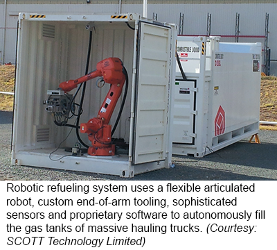 Robotic refueling system uses a flexible articulated robot, custom end-of-arm tooling, sophisticated sensors and proprietary software to autonomously fill the gas tanks of massive hauling trucks. (Courtesy: SCOTT Technology Limited)
