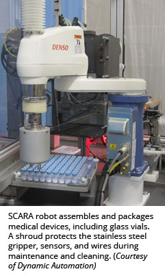 SCARA robot assembles and packages medical devices, including glass vials. A shroud protects the stainless steel gripper, sensors, and wires during maintenance and cleaning. (Courtesy of Dynamic Automation)