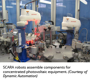 SCARA robots assemble components for concentrated photovoltaic equipment. (Courtesy of Dynamic Automation)