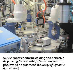 SCARA robots perform welding and adhesive dispensing for assembly of concentrated photovoltaic equipment. (Courtesy of Dynamic Automation)