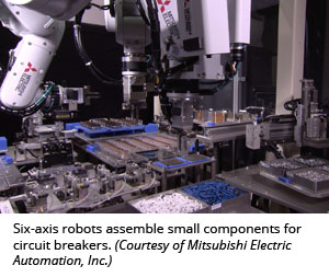 Six-axis robots assemble small components for circuit breakers. (Courtesy of Mitsubishi Electric Automation, Inc.)