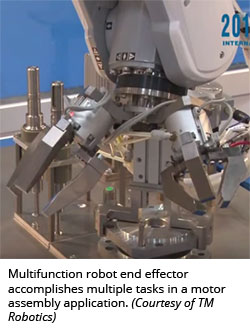 Multifunction robot end effector accomplishes multiple tasks in a motor assembly application. (Courtesy of TM Robotics)