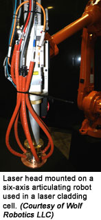 Laser head mounted on a six-axis articulating robot used in a laser cladding cell (Courtesy of Wolf Robotics LLC)