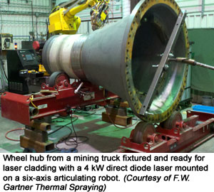 Wheel hub from a mining truck fixtured and ready for laser cladding with a 4 kW direct diode laser mounted on a six-axis articulating robot (Courtesy of F.W. Gartner Thermal Spraying)