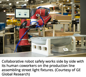 Collaborative robot works safely side by side with its human coworkers on the production line assembling street light fixtures. (Courtesy of GE Global Research)