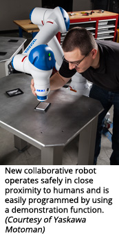 New collaborative robot operates safely in close proximity to humans and is easily programmed by using a demonstration function. (Courtesy of Yaskawa Motoman)