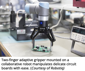 wo-finger adaptive gripper mounted on a collaborative robot manipulates delicate circuit boards with ease. (Courtesy of Robotiq)