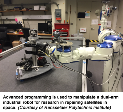 Advanced programming is used to manipulate a dual-arm industrial robot for research in repairing satellites in space. (Courtesy of Rensselaer Polytechnic Institute)