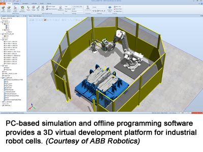 PC-based simulation and offline programming software provides a 3D virtual development platform for industrial robot cells. (Courtesy of ABB Robotics)