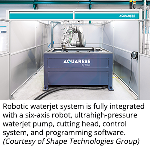 Robotic waterjet system is fully integrated with a six-axis robot, ultrahigh-pressure waterjet pump, cutting head, control system, and programming software. (Courtesy of Shape Technologies Group)