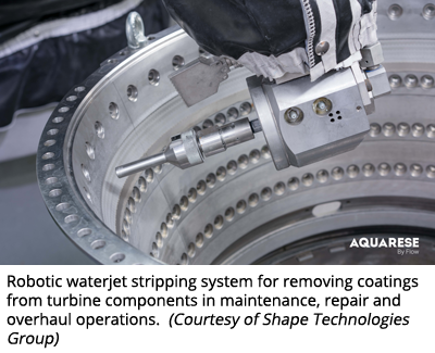 Robotic waterjet stripping system for removing coatings from turbine components in maintenance, repair and overhaul operations.  (Courtesy of Shape Technologies Group)