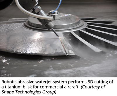 Robotic abrasive waterjet system performs 3D cutting of a titanium blisk for commercial aircraft. (Courtesy of Shape Technologies Group)