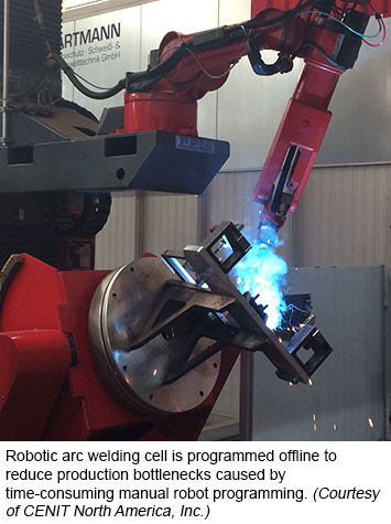 Robotic arc welding cell is programmed offline to reduce production bottlenecks caused by time-consuming manual robot programming. (Courtesy of CENIT North America, Inc.)