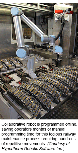 Collaborative robot is programmed offline, saving operators months of manual programming time for this tedious railway maintenance process requiring hundreds of repetitive movements. (Courtesy of Hypertherm Robotic Software Inc.)