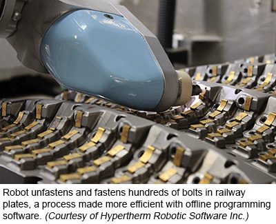 Robot unfastens and fastens hundreds of bolts in railway plates, a process made more efficient with offline programming software. (Courtesy of Hypertherm Robotic Software Inc.)