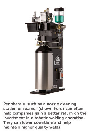 Peripherals, such as a nozzle cleaning station or reamer (shown here) can often help companies gain a better return on the investment in a robotic welding operation. They can lower downtime and help maintain higher quality welds. 
