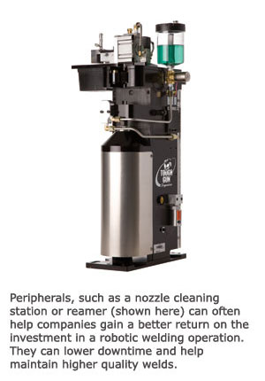 Peripherals, such as a nozzle cleaning station or reamer (shown here) can often help companies gain a better return on the investment in a robotic welding operation. They can lower downtime and help maintain higher quality welds.