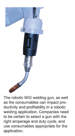 The robotic MIG welding gun, as well as the consumables can impact productivity and profitability in a robotic welding application. Companies need to be certain to select a gun with the right amperage and duty cycle, and use consumables appropriate for the application. 