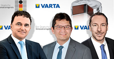 They are happy to receive the German Innovation Award: Herbert Schein, CEO VARTA AG, Rainer Hald, CTO VARTA Microbattery GmbH / VARTA Storage GmbH and Andreas Fritz, Head of Global Marketing, VARTA Microbattery GmbH (from left to right).