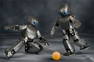 Two DARwIns playing soccer
