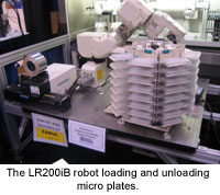 The LR200iB robot loading and unloading micro plates.