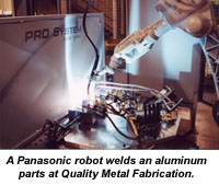 A Panasonic robot welds aluminum parts at Quality Metal Fabrication.