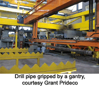 Drill pipe gripped by a gantry, courtesy Grant Prideco